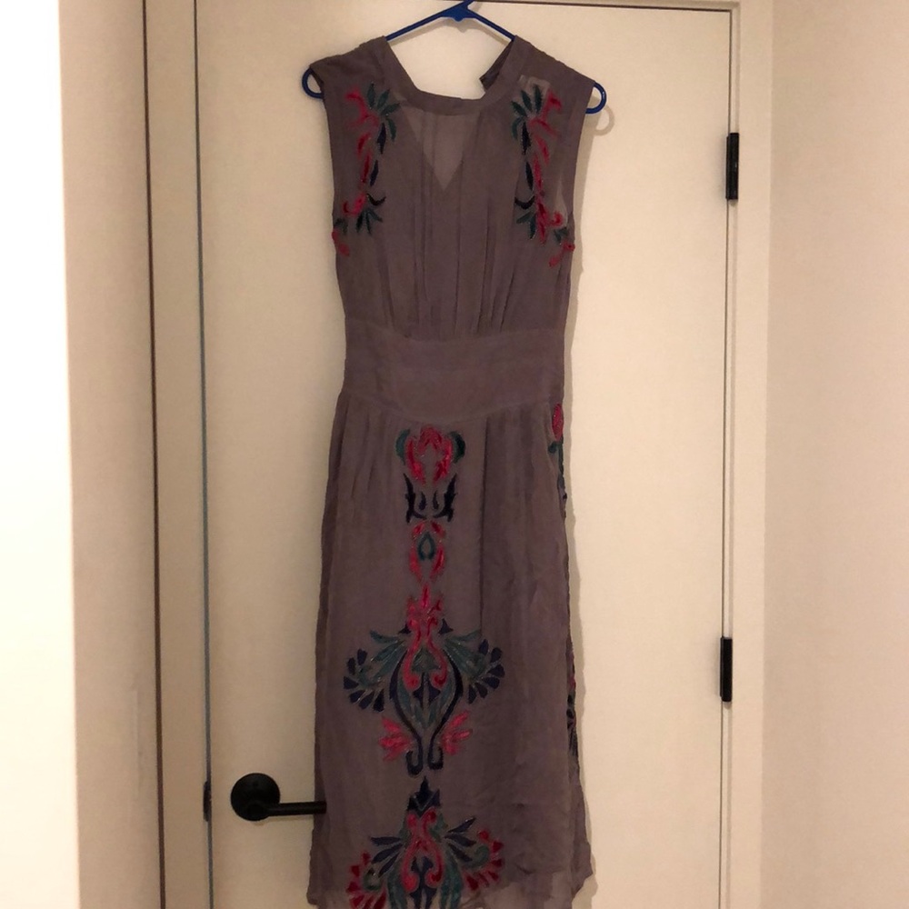 High neck sheer grey Anthro dress w/ velvet detail